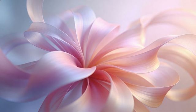 Pastel satin bloom spiral with ribbon-like petals, soft translucent floral macro backdrop