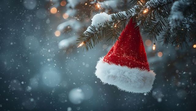 Hanging Santa hat on snow-covered pine branch with warm fairy lights and falling snow