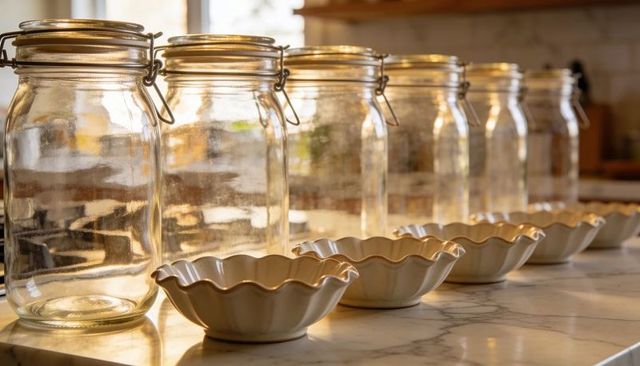 Sunlit glass canisters with clamp lids and scalloped ceramic bowls on marble countertop