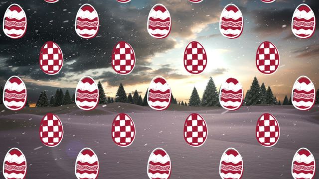 Digital animation of festive Christmas eggs moving over a snowy winter landscape with falling snow, showcasing a blend of holiday cheer and winter beauty. Ideal for use in holiday-themed media, greeting cards, festive advertisements, and digital decorations.