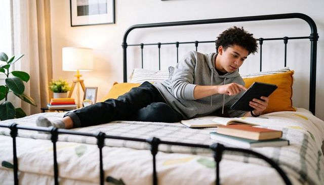 Teen Studying on Bed with Tablet and Textbooks in Cozy Modern Minimalist Bedroom