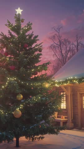 Twinkling Christmas Tree Lights Glowing at Snowy Cabin Twilight - Vertical Video
