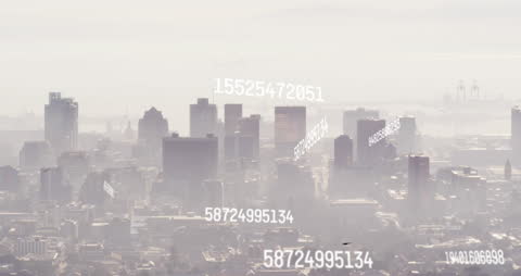 City Skyline with Streaming Data Elements Display