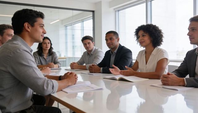 Diverse recruitment panel listening and interviewing candidate in modern bright boardroom