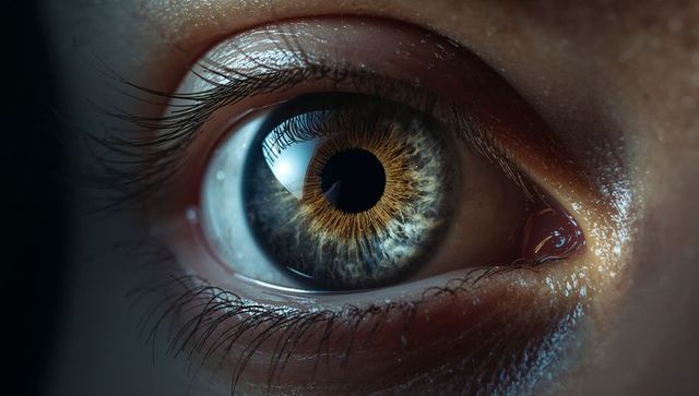 Macro close-up human iris revealing intricate texture, golden radial striations and tear film