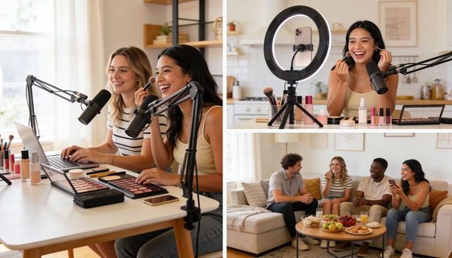 Beauty influencers recording podcast and makeup tutorial in home studio with ring light