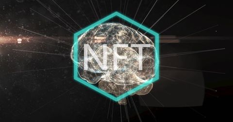 Pulsing 3d brain radiating neural lines inside teal hexagon with nft label, blockchain