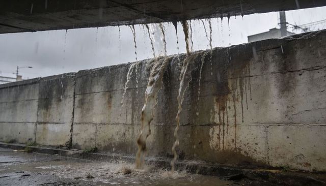 Muddy runoff pouring over concrete barrier, drain overflow under overpass during rain