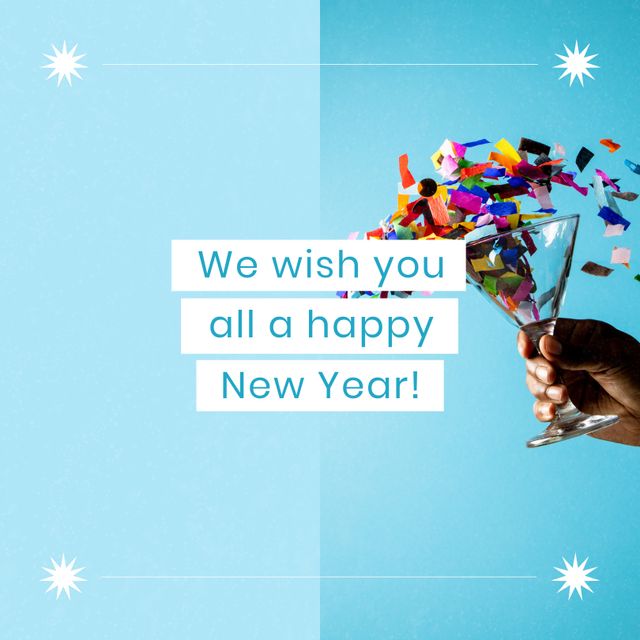 Square image of we wish you a happy new year and hand with glass with confetti on blue background. New year, tradition, party and celebration concept.