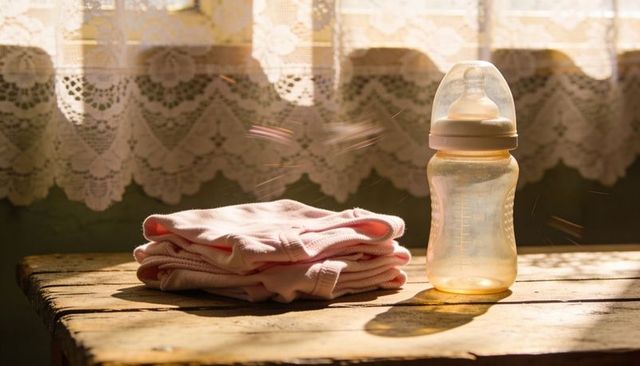 Sunlit nursery scene with folded pink baby clothes and clear feeding bottle