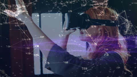 Woman Interacting with VR Technology Surrounded by Digital Connections