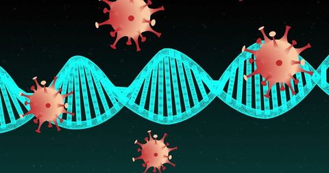 DNA Strand with Covid-19 Cells Illustrating Viral Impact on Genetics