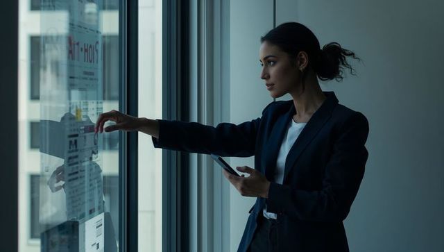 Businesswoman reviewing strategy notes on office window while holding tablet
