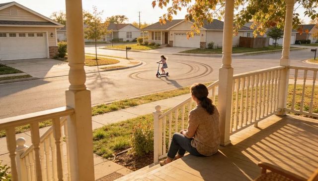 Warm golden hour suburban porch scene woman watching child riding scooter in cul-de-sac
