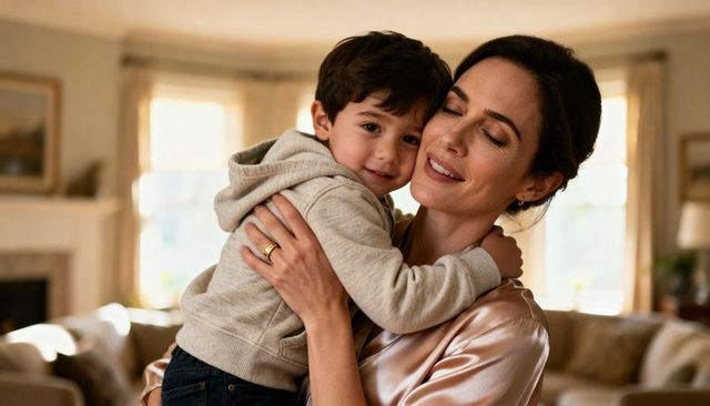 Mother embracing young son in cozy sunlit living room, warm family cuddle and tenderness