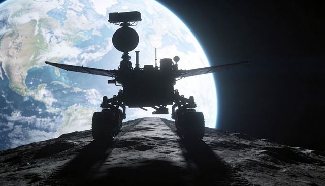 Silhouetted Lunar Rover Perched on Crater Ridge with Earth Rising Behind, Backlit Solar Array