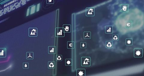 Technology and sustainability icons on digital data dashboard