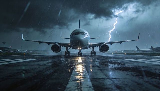 Commercial airliner facing thunderstorm on rain-slick runway with lightning reflection