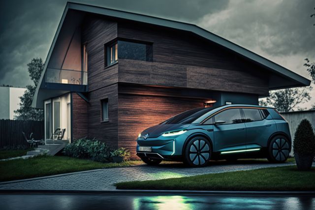 Blue electric car outside of house, created using generative ai technology. Electric car and eco transport concept digitally generated image.