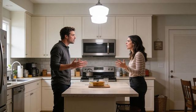 Couple arguing across kitchen island in modern open-plan kitchen with pendant light