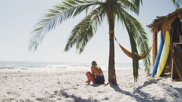 Ideal for promoting beach vacations, travel destinations or summer relaxation, this scene shows a woman sitting under a palm tree on a sunny beach. Shed talking on a smartphone, possibly discussing her plans or checking in with loved ones. Perfect for advertisements or content related to relaxation, travel, and stress-free lifestyle.