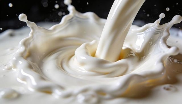 Pouring milk forming crown splash and swirling vortex macro closeup creamy dairy motion