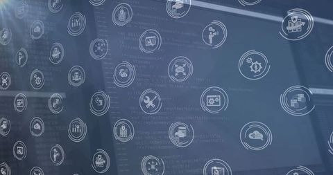 Developer coding screen with cloud security, cyber analytics and tools ui icons overlay