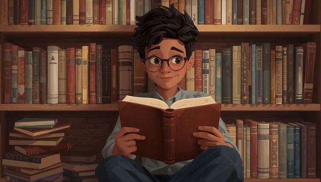 Teen boy reading hardcover book with glasses in cozy home library illustration