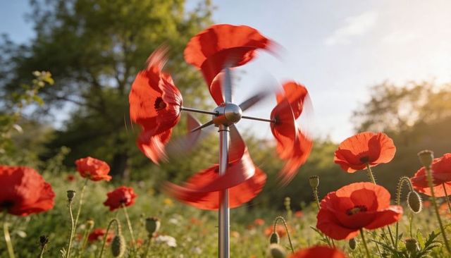 Sunlit red poppy wind spinner in meadow with motion blur garden kinetic sculpture