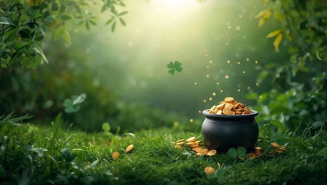 Lucky pot of gold spilling coins in sunlit meadow with floating four-leaf clover
