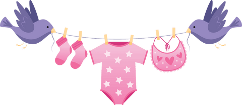 Illustrative birds hanging pink baby clothes on transparent background