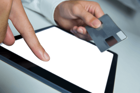 Man's Hands Shopping Online with Tablet and Card on Transparent Background