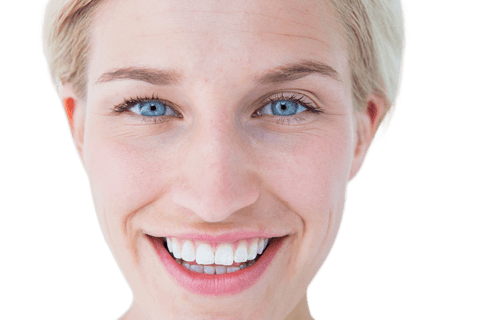 Transparent Smiling Blonde Woman with Blue Eyes Close-Up