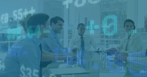 Financial analysis meeting overlaid with stock market data