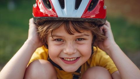 Smiling child adjusting red white bicycle helmet while preparing for ride
