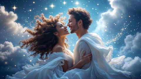 Ethereal cute couple floating in celestial sky with glowing stars