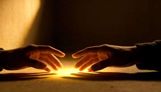 Reaching hands hovering over warm golden glow on textured surface with dusty shadows