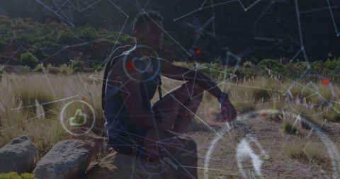 Hiker resting with digital connectivity overlay in mountain scenery