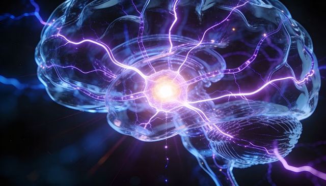 Translucent glass brain with luminous core and violet electric neural arcs holographic tech