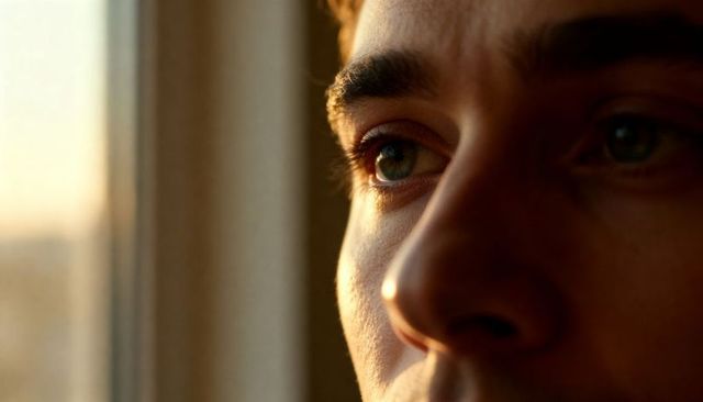 Gazing man catching golden hour light at window close-up, contemplative introspection