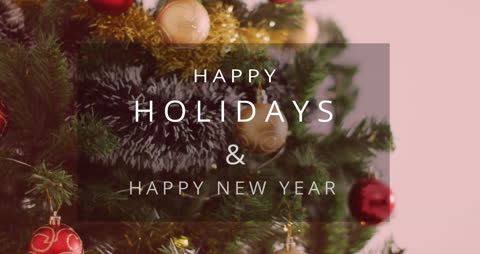 Festive Holiday and New Year Greeting with Christmas Tree Backdrop