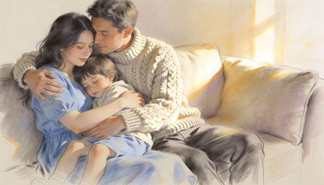 Sunlit family embracing on couch, parents cuddling sleeping child in warm intimate moment