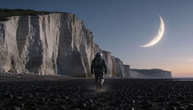 Solitary Astronaut Walking Along Chalk Cliffs at Twilight Under Giant Crescent Moon Epic