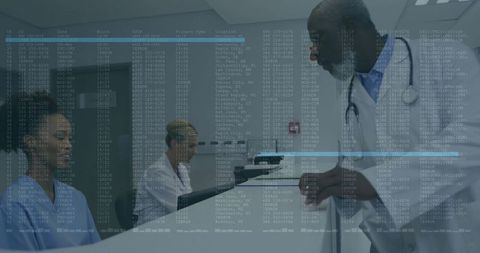 Doctor Consulting Nurse at Hospital Reception Desk with Digital Files Overlay
