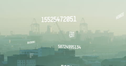 Digitized Data Floating Over Industrial Cityscape