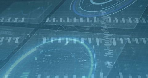 Futuristic blue hud dashboard visualizing financial metrics, graphs, rings and data streams