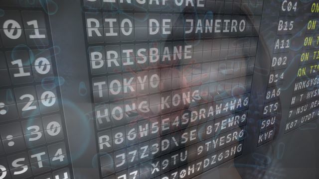 Airport information board with schedule and floating COVID-19 cells against a sick woman, illustrating the travel restrictions and complications during the pandemic. It is suitable for articles, news, and resources on travel during COVID-19, public health information, and airline industry updates. Can illustrate themes of travel impacts due to the pandemic, global health crisis, and safety measures.