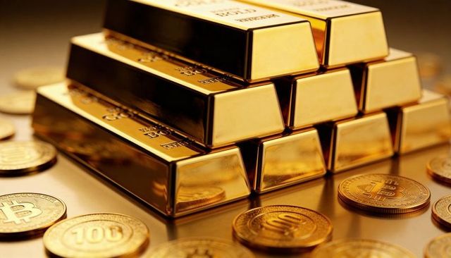 Stacking gleaming gold bars and bitcoin coins reflecting wealth and cryptocurrency value