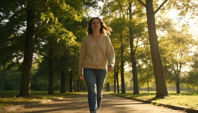 Woman walking through sunlit park path at golden hour, serene outdoor lifestyle scene