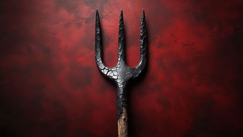 Retro metallic three-pronged pitchfork on crimson background